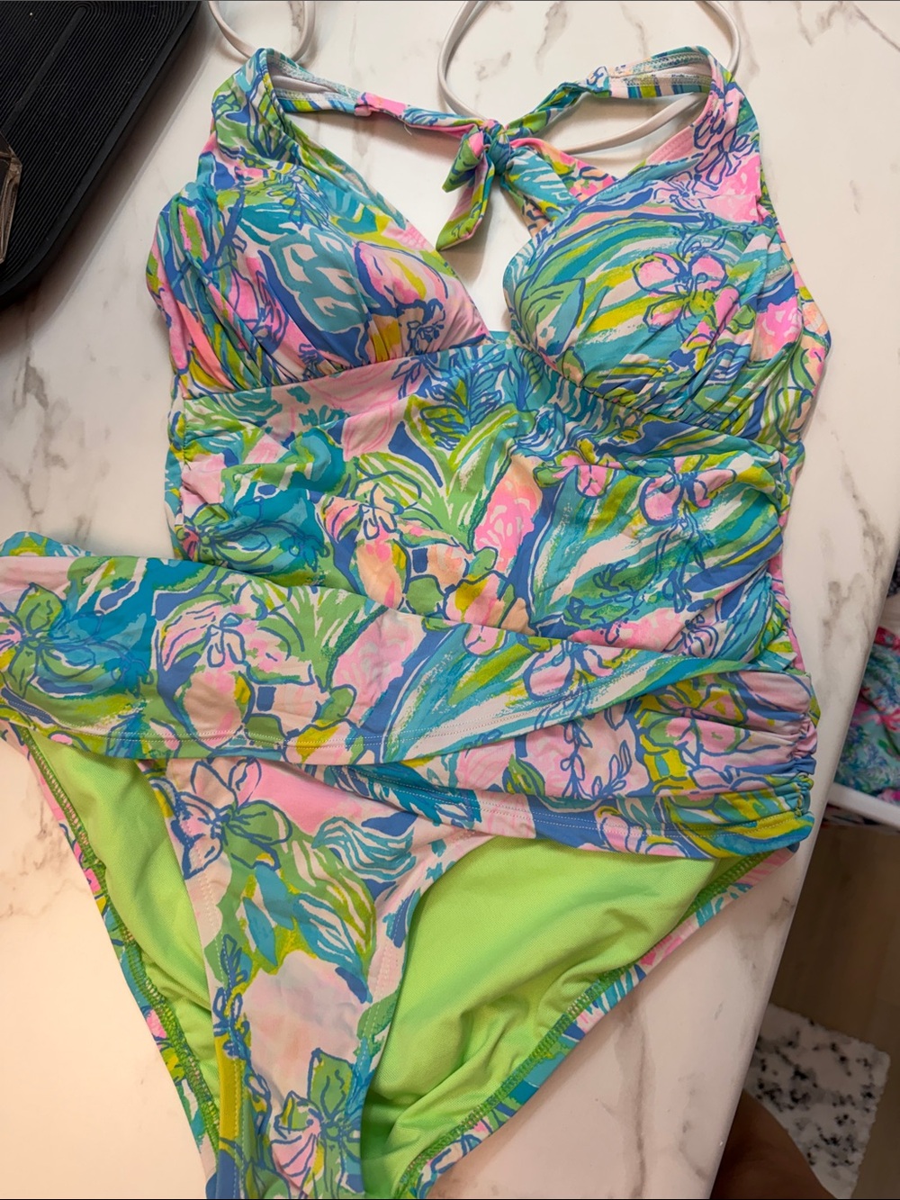 Lilly Pulitzer Floral Halter two Piece Swimsuit in Pink, Green & Blue